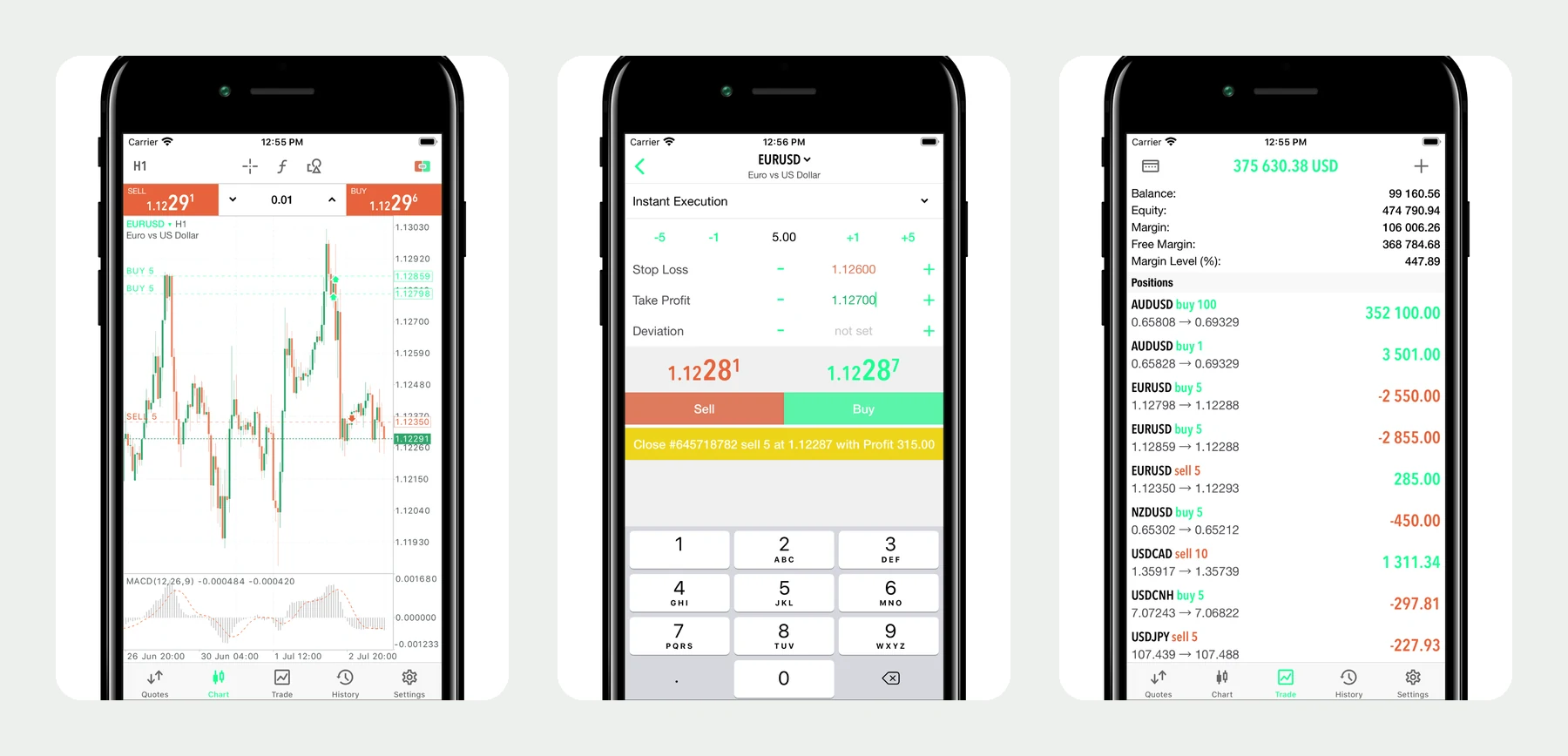Экраны MetaTrader 5: график с индикатором, окно исполнения ордера и сводка счёта с открытыми позициями